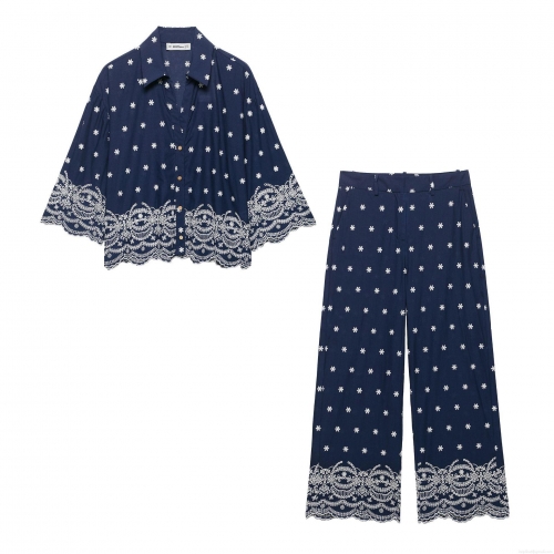 Women's Two Piece Outfits Embroidery Eyelet Lace Long Sleeve Shirt And Wide Leg Pants Set Scalloped Edge Hollow Out Casual Streetwear Navy Blue