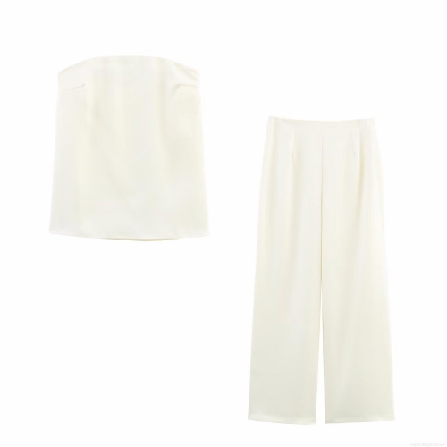 Women's Sexy Strapless Tube Top And High Waist Wide Leg Pants Two Piece Set Elegant Satin Polyester Outfits For Party Streetwear Clubwear