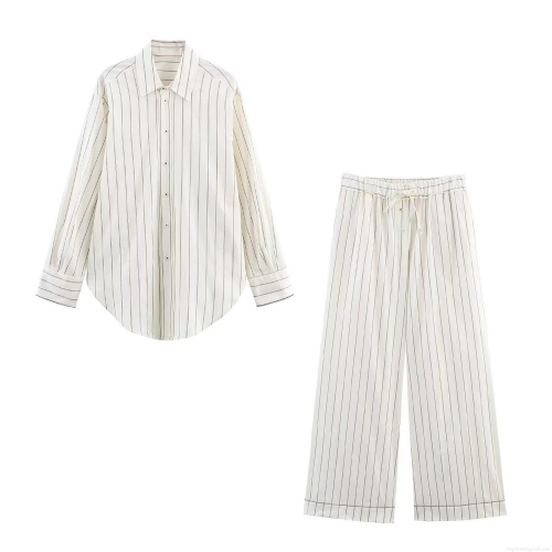 Women's Casual Vertical Striped Two Piece Set Polyester Loose Long Sleeve Button Down Shirt And Wide Leg Drawstring Pants Lounge Streetwear