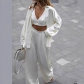 Elegant Women's 3-Piece Satin Set Glossy Long Sleeve Button Shirt Cropped Strapless Top High Waist Wide Leg Pants Casual Streetwear Outfit