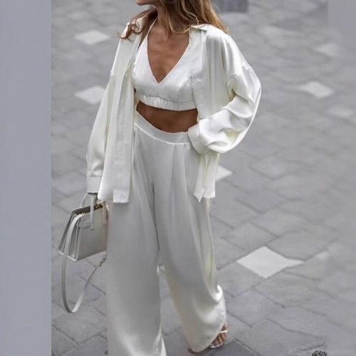 Elegant Women's 3-Piece Satin Set Glossy Long Sleeve Button Shirt Cropped Strapless Top High Waist Wide Leg Pants Casual Streetwear Outfit