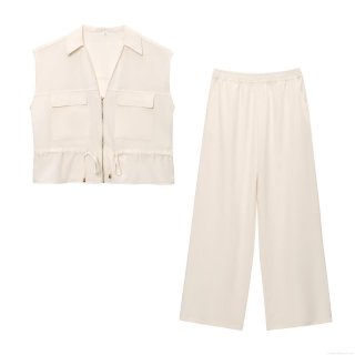 Women's Two Piece Pants Set Polyester Safari Style Zipper Up Stand Collar Vest And Drawstring Waist Wide Leg Trousers Casual Streetwear Outfits