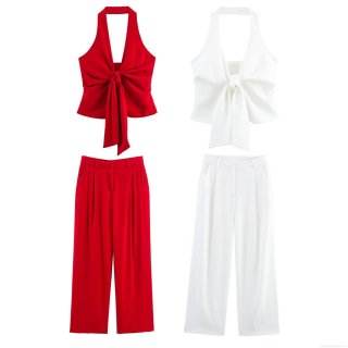 Women's Fashion Two Piece Set Halter Bow Tie Crop Top And High Waist Pleated Wide Leg Pants Polyester Elegant Streetwear Casual Suit For Party