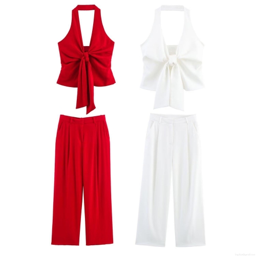 Women's Fashion Two Piece Set Halter Bow Tie Crop Top And High Waist Pleated Wide Leg Pants Polyester Elegant Streetwear Casual Suit For Party