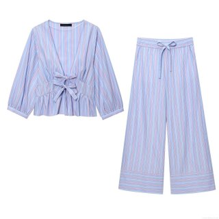 Women's Striped Two Piece Set V Neck Long Sleeve Bow Tie Shirt Ruffle Hem Top and High Waist Wide Leg Pants Set Polyester Cotton Blend Casual Summer Beach Outfit