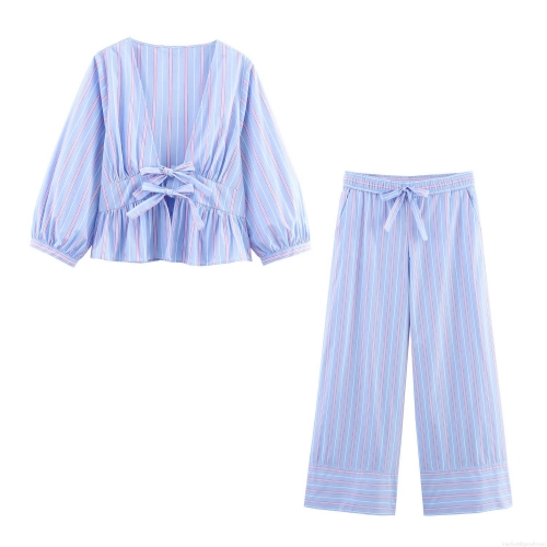 Women's Casual Striped V-Neck Peplum Long Sleeve Top And Wide Leg Pants Two Piece Set With Bow Tie Polyester Comfortable Streetwear Outfit