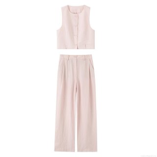 Women's 2 Piece Summer Outfit Pink Sleeveless Button Down Vest Top and High Waist Wide Leg Long Pants Set Casual Streetwear Cotton Linen Feel Polyester Outfits