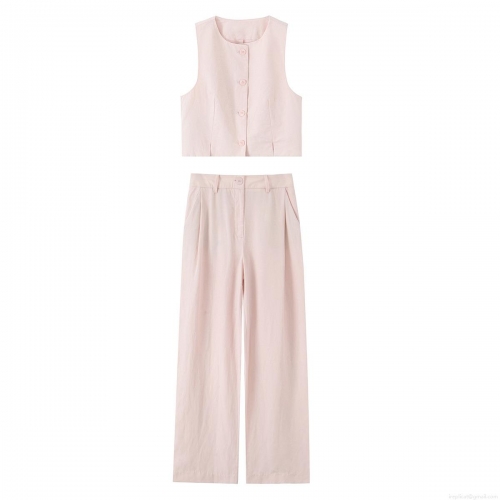 Women's 2 Piece Summer Outfit Pink Sleeveless Button Down Vest Top and High Waist Wide Leg Long Pants Set Casual Streetwear Cotton Linen Feel Polyester Outfits