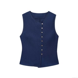 Women's Elegant Deep Blue Two Piece Set Linen Texture Sleeveless Vest Top With Gold Buttons And Wide Leg Pants Casual Comfortable Summer Outfits
