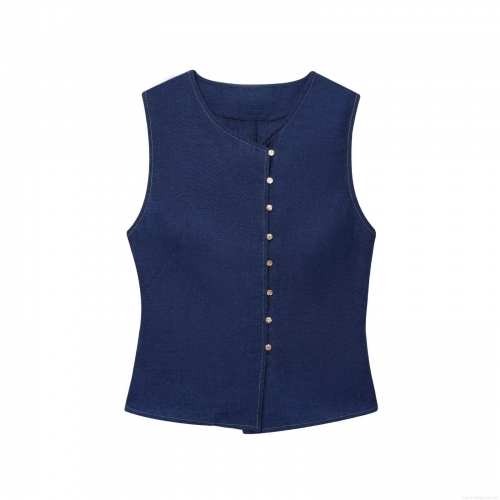 Women's Elegant Deep Blue Two Piece Set Linen Texture Sleeveless Vest Top With Gold Buttons And Wide Leg Pants Casual Comfortable Summer Outfits