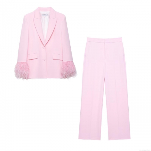 Women's Pink 2-Piece Suit Set Polyester Blazer Jacket With Feather Cuffs And High Waist Straight Leg Pants Elegant Spliced Streetwear Outfits For Party Clubwear Office Women