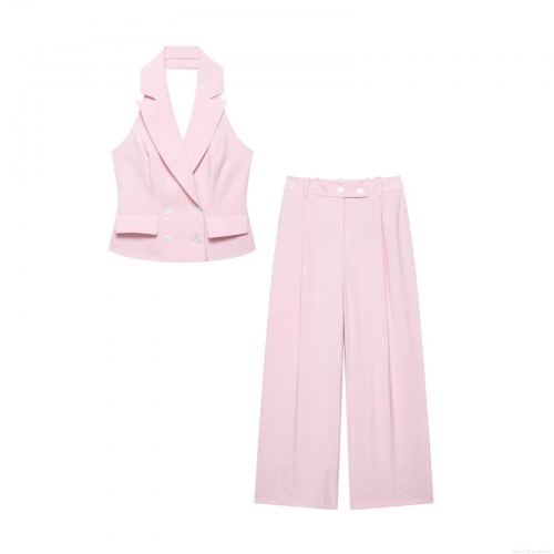 Women's Halter Vest and Wide Leg Pants Set 100% Polyester Double Breasted V Neck Sleeveless Backless High Waist Trousers For Work Office Daily Wear Elegant Modern Style