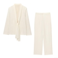 Elegant Cream Women's Blazer And Straight Leg Pants Set Polyester Tie Collar Office Suit Professional Casual Two Piece Outfit Solid Color Streetwear For Women