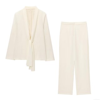 Elegant Cream Women's Blazer And Straight Leg Pants Set Polyester Tie Collar Office Suit Professional Casual Two Piece Outfit Solid Color Streetwear For Women