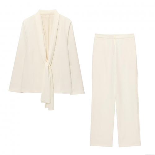 Elegant Cream Women's Blazer And Straight Leg Pants Set Polyester Tie Collar Office Suit Professional Casual Two Piece Outfit Solid Color Streetwear For Women