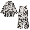 Women's 2 Piece Casual Set Polyester Cotton Floral Print Kimono Wrap Top And Wide Leg Pants Streetwear Outfits With Beaded Detail