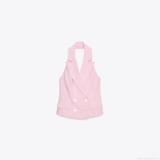 Women's 2 Piece Set Pink Halter Neck Double Breasted Vest Waistcoat and Pleated Wide Leg Trousers Polyester Twill Elegant Office Suits