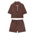Women's Casual Brown Short Sleeve Short Blazer And High Waist Shorts Two Piece Set With Beaded Wood Bead Drawstring Belt Woven Polyester Summer Suits
