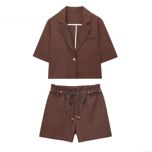Women's Casual Brown Short Sleeve Short Blazer And High Waist Shorts Two Piece Set With Beaded Wood Bead Drawstring Belt Woven Polyester Summer Suits