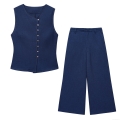 Women's Two Piece Set Linen Like Polyester Sleeveless Double Breasted Vest and High Waist Wide Leg Pants Casual Summer Office Outfit Streetwear