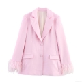 Women's Pink Feather Cuff Blazer And Straight Leg Pants Set Elegant Solid Polyester Casual Suit For Party Streetwear Lady