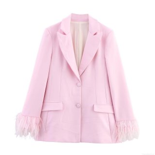 Women's Pink Feather Cuff Blazer And Straight Leg Pants Set Elegant Solid Polyester Casual Suit For Party Streetwear Lady