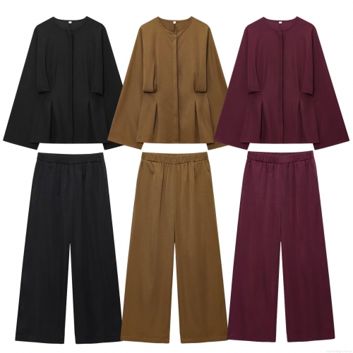 Women's Casual Two Piece Pants Set Loose Long Sleeve Round Neck Top With Waist Pleats And Elastic High Waist Wide Leg Long Pants Solid Color Streetwear Set