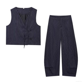 Women Navy Blue Striped Linen Blend Two Piece Set V-Neck Sleeveless Wrap Top and Wide Leg Balloon Pants Casual Streetwear Outfit