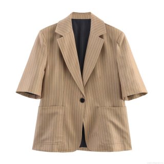 Women's Striped Linen Blend Short Sleeve Blazer And Wide Leg Pants Set Casual Office Streetwear Two Piece Suit