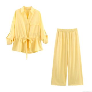 Women's Casual Two Piece Outfits Lapel Long Sleeve Shirt With Chest Pocket And High Waist Wide Leg Pants Set Solid Color Safari Style Lady Clothing