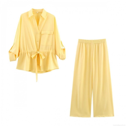 Women's Casual Two Piece Outfits Lapel Long Sleeve Shirt With Chest Pocket And High Waist Wide Leg Pants Set Solid Color Safari Style Lady Clothing