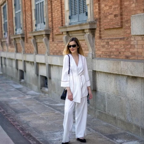 Women's Two-Piece Set Contrast Piping Wrap Tie Long Sleeve Jacket And Wide Leg Pants Casual Minimalist Lounge Vacation Outfit For Lady