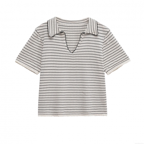 Women's Striped Knit Two-Piece Set Short Sleeve V-Neck Polo Top and Wide Leg Pants Casual Ribbed Texture Spring Summer Lounge Wear Outfit