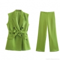 Women's 2-Piece Suit Set Chic 100% Polyester Sleeveless Double Breasted Blazer Vest With Belt And High Waist Wide Leg Pants Office Casual Streetwear Grass Green Outfit