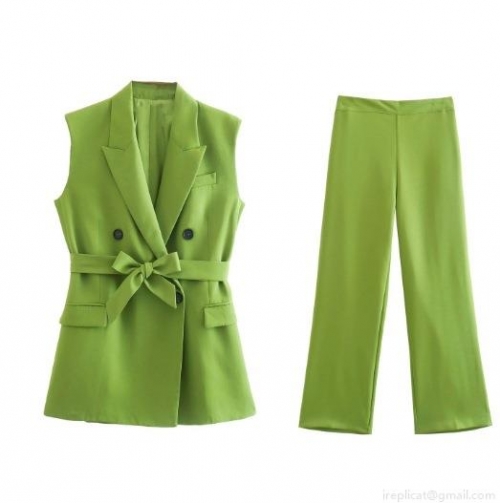 Women's 2-Piece Suit Set Chic 100% Polyester Sleeveless Double Breasted Blazer Vest With Belt And High Waist Wide Leg Pants Office Casual Streetwear Grass Green Outfit