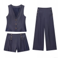 Women's 3-Piece Set V-Neck Sleeveless Vest With Gold Buttons Wide Leg Pants And Shorts Polyester Blend Casual Office Streetwear Navy Blue Sets