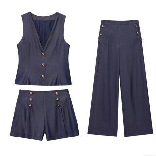 Women's 3-Piece Set V-Neck Sleeveless Vest With Gold Buttons Wide Leg Pants And Shorts Polyester Blend Casual Office Streetwear Navy Blue Sets