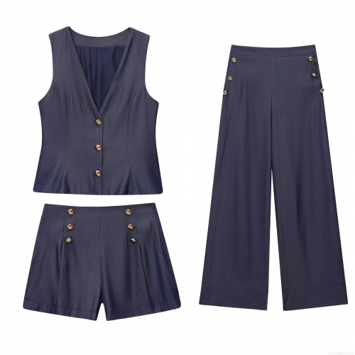 Women's 3-Piece Set V-Neck Sleeveless Vest With Gold Buttons Wide Leg Pants And Shorts Polyester Blend Casual Office Streetwear Navy Blue Sets