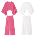 Women's Two Piece Linen Blend Set Asymmetric Batwing Sleeve V Neck Kimono Crop Top And Wide Leg Drawstring Pants Casual Summer Streetwear Outfit