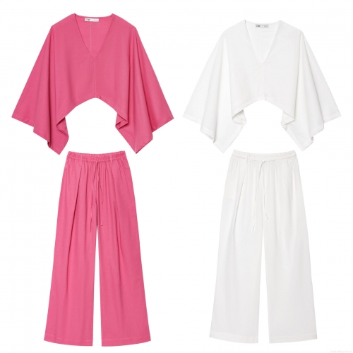 Women's Two Piece Linen Blend Set Asymmetric Batwing Sleeve V Neck Kimono Crop Top And Wide Leg Drawstring Pants Casual Summer Streetwear Outfit