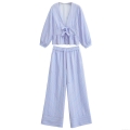 Women's Striped Two Piece Set V-Neck Bow Tie Long Sleeve Shirt And Elastic Waist Wide Leg Pants Casual Loose Loungewear Outfit Streetwear