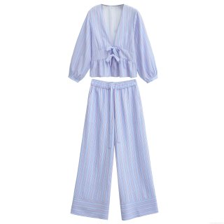 Women's Striped Two Piece Set V-Neck Bow Tie Long Sleeve Shirt And Elastic Waist Wide Leg Pants Casual Loose Loungewear Outfit Streetwear