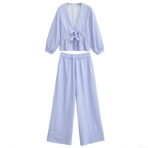 Women's Striped Two Piece Set V-Neck Bow Tie Long Sleeve Shirt And Elastic Waist Wide Leg Pants Casual Loose Loungewear Outfit Streetwear