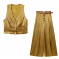 Women's 2 Piece Set Satin Polyester Silk Texture V-Neck Sleeveless Vest Top Wide Leg Pants With Belt Gold Button Elegant Casual Party Streetwear