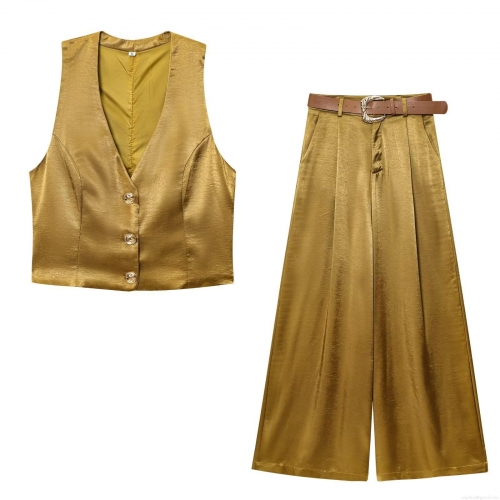 Women's 2 Piece Set Satin Polyester Silk Texture V-Neck Sleeveless Vest Top Wide Leg Pants With Belt Gold Button Elegant Casual Party Streetwear