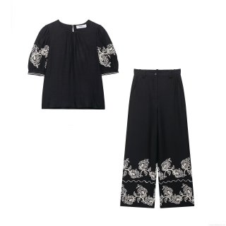 Women's Two Piece Pants Set Elegant Embroidery Short Sleeve Bubble Sleeve Round Neck Top And High Waist Wide Leg Long Pants Polyester Casual Streetwear Vacation Outfit For Ladies