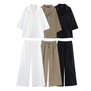 Women's 2 Piece Linen Cotton Set V Neck Long Sleeve Hollow Out Shirt And Drawstring Wide Leg Pants Casual Solid Color Summer Vacation Outfit