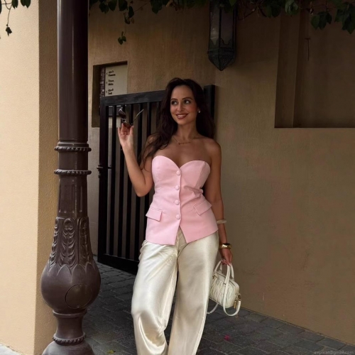 Women's Two Piece Outfits Solid Color Polyester Corset Style Sleeveless Crop Top and High Waist Wide Leg Long Pants Set Sexy Streetwear Party Suit