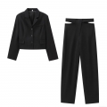 Women Sexy Cut Out High Waist Pants Set Cropped Blazer Jacket And Wide Leg Trousers 2 Piece Outfits Solid Black Professional Suit Polyester Twill Streetwear Co-ord Set