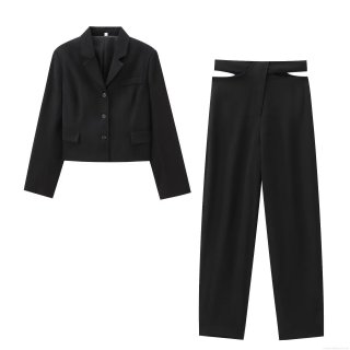 Women Sexy Cut Out High Waist Pants Set Cropped Blazer Jacket And Wide Leg Trousers 2 Piece Outfits Solid Black Professional Suit Polyester Twill Streetwear Co-ord Set